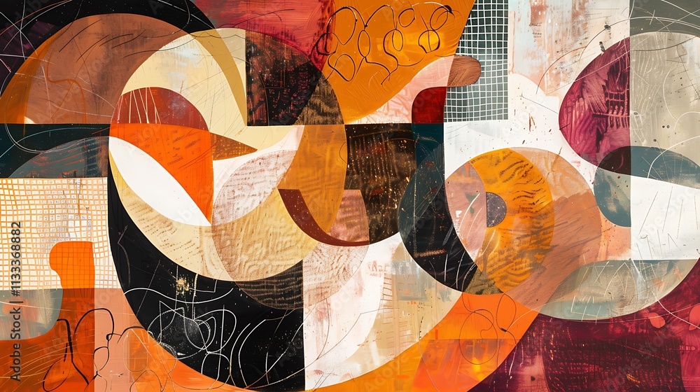 Poster an abstract artwork featuring overlapping shapes and patterns in warm, inviting colors