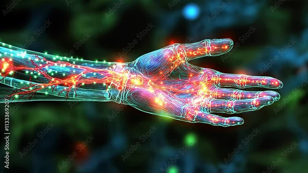Poster innovative representation of artificial intelligence in a glowing hand with networked details