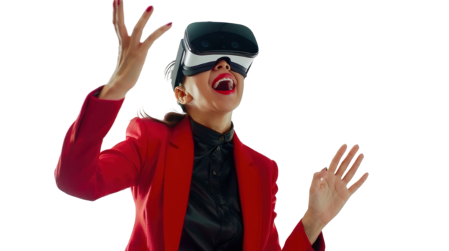 Mexican young business woman watching vr glasses laughing and gesturing with hand on white background