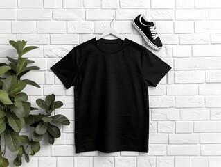 Black t-shirt on white brick wall with green plant and black sneaker. Apparel mockup for clothing design, branding, and fashion product presentation

