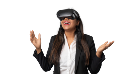 Mexican young business woman watching vr glasses laughing and gesturing with hand on white background