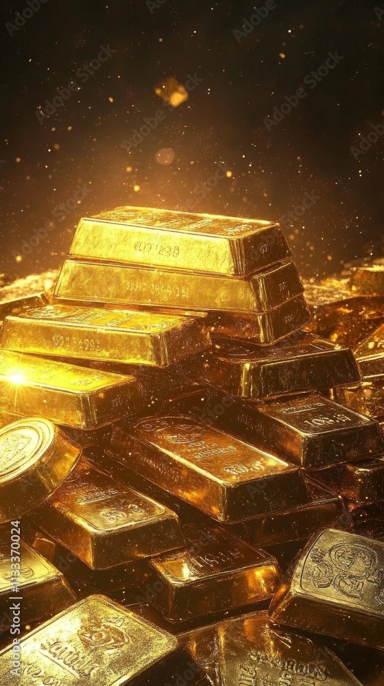 Poster a vivid image of stacked gold bars gleaming with a warm golden glow, creating a luxurious and opulen