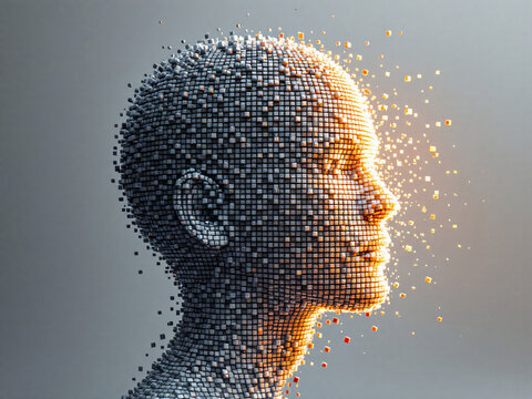 Digital, Pixelated, Head, Face, Artificial Intelligence, Technology, Futuristic, 3D Model, Disintegrating, Dissolving, Cubes, Blocks, Grid, Blue, White, Light, Shadow, Modern, Innovative, Abstract, Ge - Powered by Adobe
