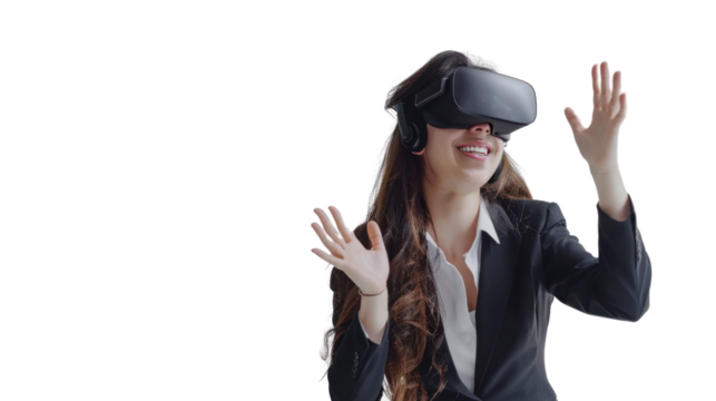Mexican young business woman watching vr glasses laughing and gesturing with hand on white background