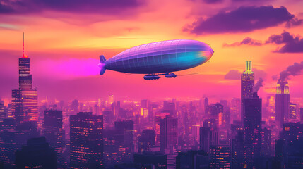 Naklejka premium A colorful zeppelin gliding over a vibrant city skyline at sunset. Zeppelin. Illustration