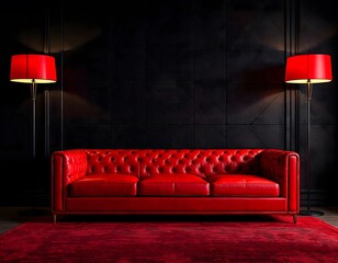 Elegant Red Leather Sofa in a Dark Room with Red Lamps: Luxurious Interior Design Photography
