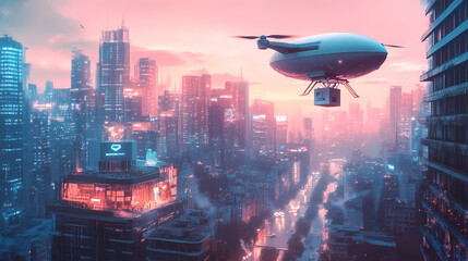 Fototapeta premium A futuristic ai-powered drone delivering a package to a smart home in a modern city. Zeppelin. Illustration