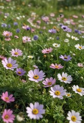 Fototapeta premium Anemone coronaria growing in a field with other wildflowers such as daisies and clover, , spring season, botanical garden
