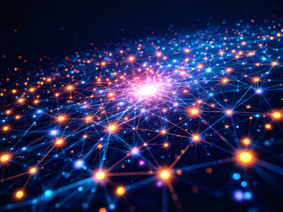 Fototapeta premium Network, Connections, Glowing, Dots, Lines, Nodes, Digital, Technology, Futuristic, Web, Internet, Data, Information, Cyberspace, Abstract, Background, Neon, Bright, Dark, Contrast, Modern, Innovative