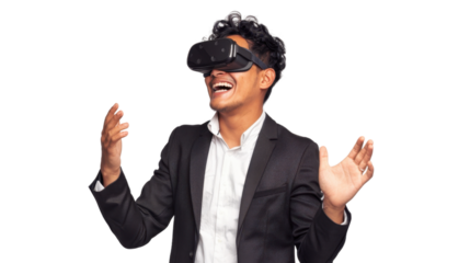 Mexican young business man watching vr glasses laughing and gesturing with hand on white background