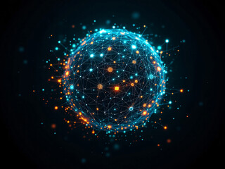 Obraz premium Network, Connections, Globe, Sphere, Nodes, Digital, Technology, Global, Internet, Web, Data, Communication, Lines, Dots, Glowing, Blue, Orange, Bright, Dark, High-Tech, Modern, Innovation, Virtual, I