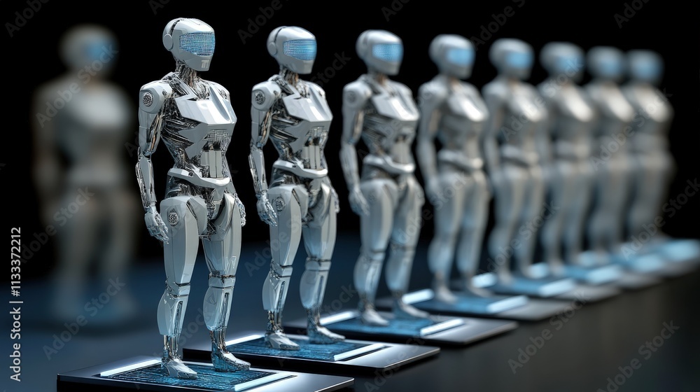 Poster row of identical female robots on display.