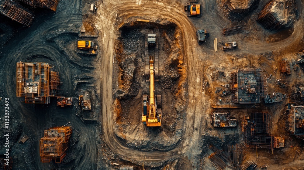 Aufkleber aerial view of a construction site with machinery and structures in progress.
