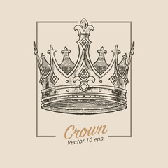 Crown, royal attribute, illustration in the style of a medieval engraving