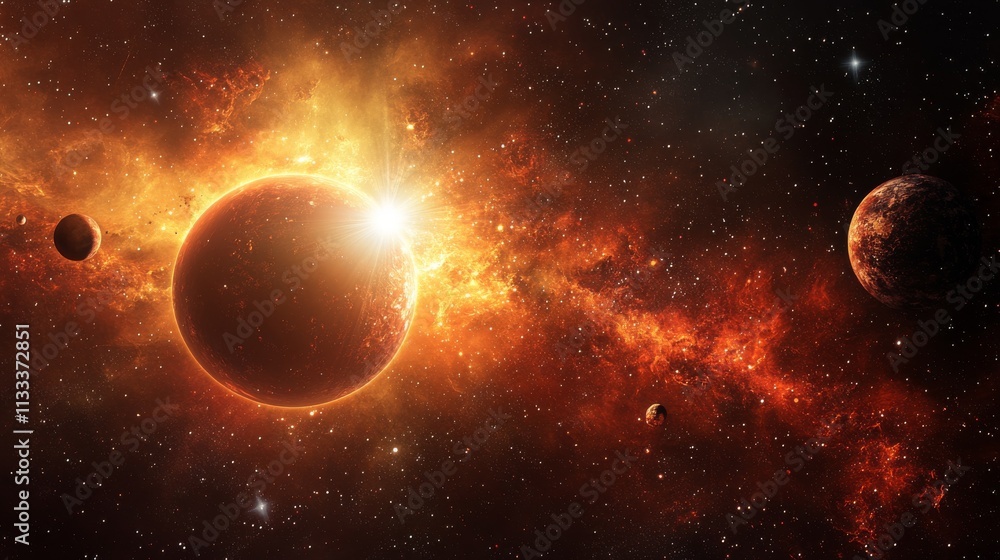 Fototapete a vibrant outer space view showcasing a glowing red planet surrounded by fiery gas clouds and distan