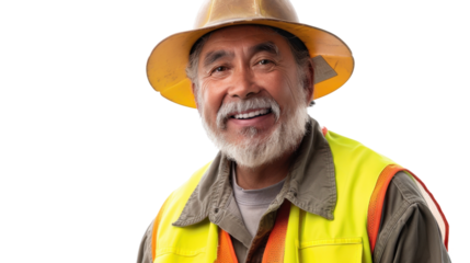 Mexican senior male smiling in yellow warning vest safety on white background


