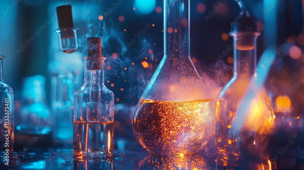 Poster abstract science experiment with glowing flasks