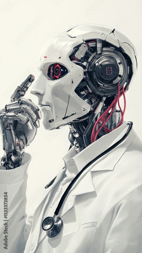 Poster a humanoid robot wearing a white coat and stethoscope, adjusting its advanced headset. the image hig