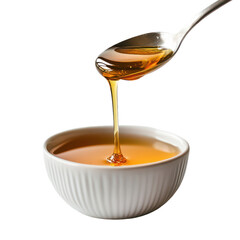 A spoon delicately pours honey into a small bowl against a clean transparent background, A spoon pouring honey into a bowl, transparent background.