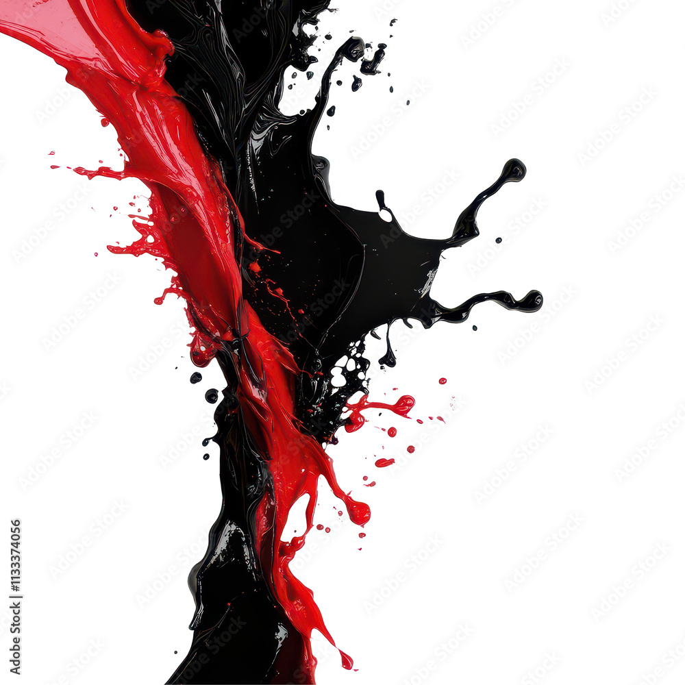 Poster bold black and red paint splash creating dynamic patterns against a clean png backdrop in an artisti
