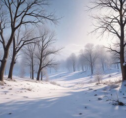 Obraz premium Bare branches of bare trees in the foreground with sparkly snowflakes floating above a serene snowy landscape, bare tree branches, snowy landscape