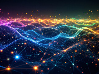 Obraz premium Network, Connections, Glowing, Dots, Lines, Nodes, Digital, Technology, Futuristic, Web, Internet, Data, Information, Cyberspace, Abstract, Background, Neon, Bright, Dark, Contrast, Modern, Innovative