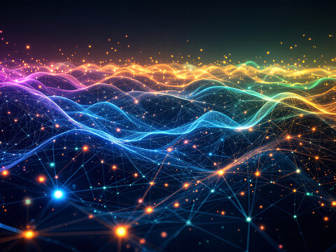 Network, Connections, Glowing, Dots, Lines, Nodes, Digital, Technology, Futuristic, Web, Internet, Data, Information, Cyberspace, Abstract, Background, Neon, Bright, Dark, Contrast, Modern, Innovative
