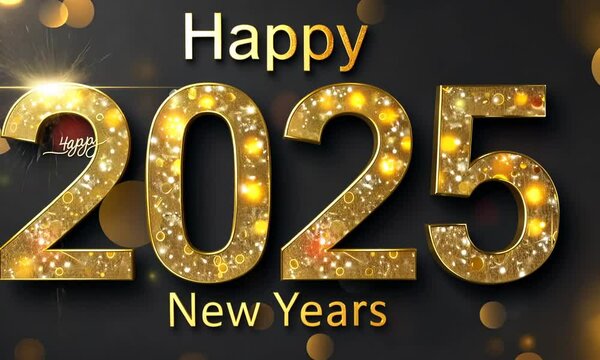 &laquo; Happy New Year 2025 &raquo; en texte dor&eacute; en anglais scintillant sur fond noir avec paillettes et effets lumineux, c&eacute;l&eacute;bration festive du Nouvel An 