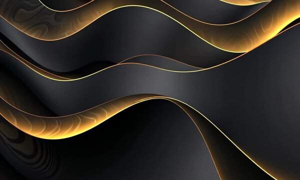Vagues fluides abstraites noir et or avec d&eacute;grad&eacute;s lumineux, lignes ondul&eacute;es &eacute;l&eacute;gantes et textures m&eacute;talliques, fond graphique moderne et luxueux.
