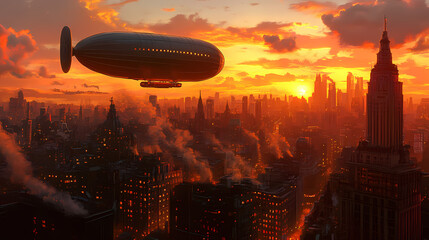 Naklejka premium A zeppelin glides over a vibrant cityscape at sunset. Zeppelin. Illustration