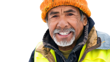 Mexican senior male smiling in yellow warning vest safety on white background


