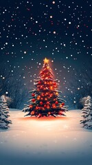 Obraz premium Christmas Tree in Snowy Winter Night Landscape.