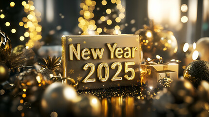 3D text "New Year 2025" in a realistic gold rendering, surrounded by festive decorations and sparkling lights, creating a luxurious and celebratory atmosphere for the new year
