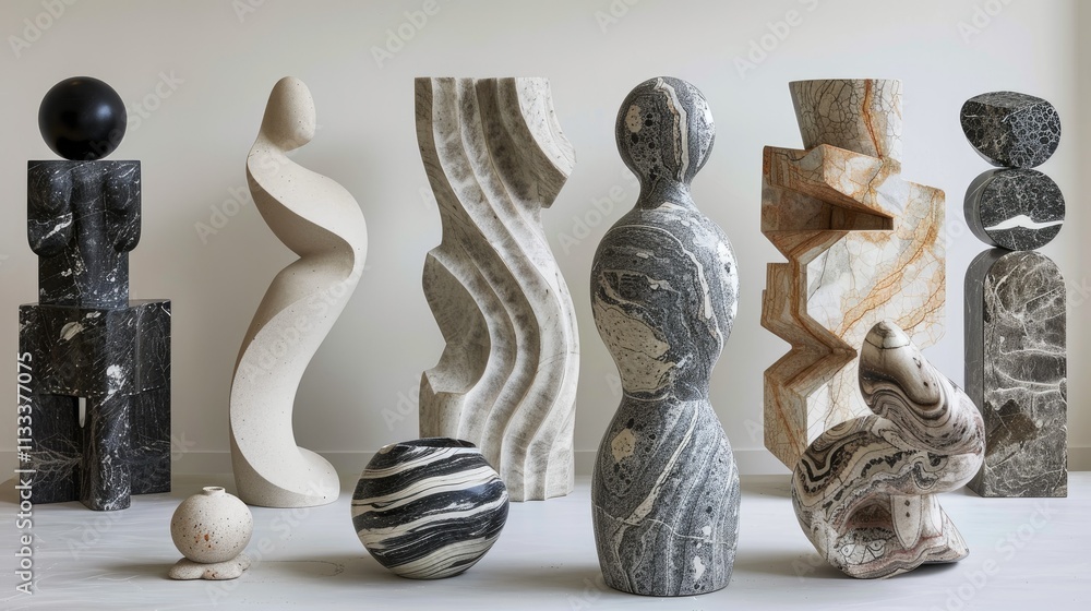 Poster a collection of abstract sculptures in various shapes and materials displayed artistically.