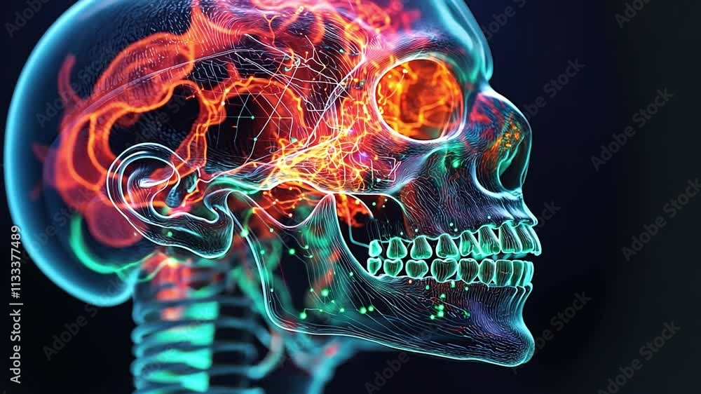 Poster vivid representation of a human skull with neural activity and colorful energy patterns