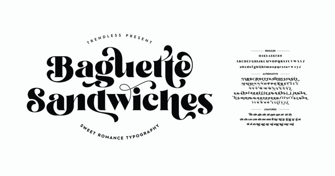 Baguette Sandwiches: Romance Elegant typeface design. Classic typography serif font. Uppercase, lowercase, ligatures, alternative variation, and number. Vector illustration word.