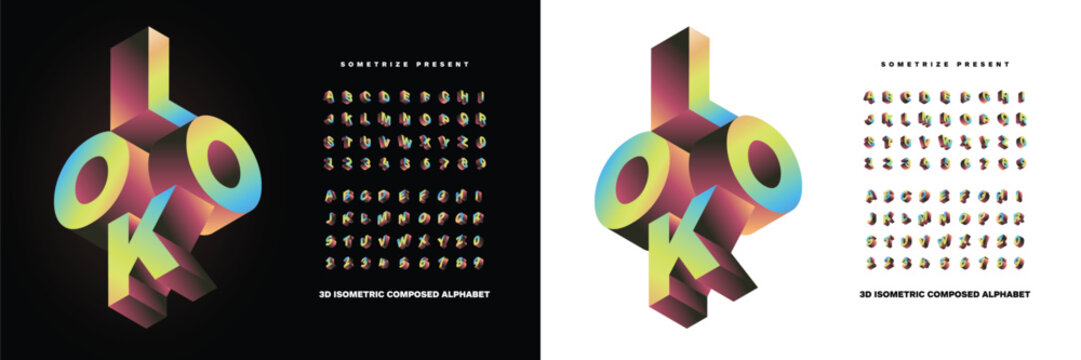 Look: A perfect blend of minimalism and boldness for modern branding projects. Isometric display font with a vibrant, multicolored design. Available in white and black background. Vector illustration