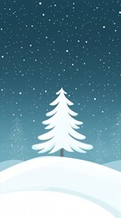Fototapeta premium Snowy Winter Night Landscape with a Single Pine Tree.