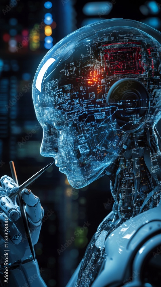 Poster a high-tech robot with transparent head and glowing circuitry, holding a stylus as if deep in though