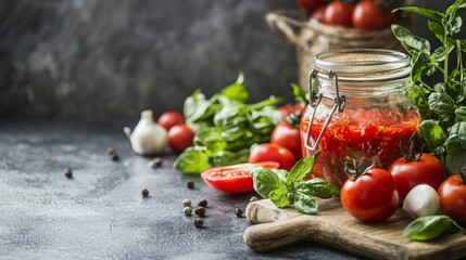 Rustic tomato sauce jar with fresh ingredients