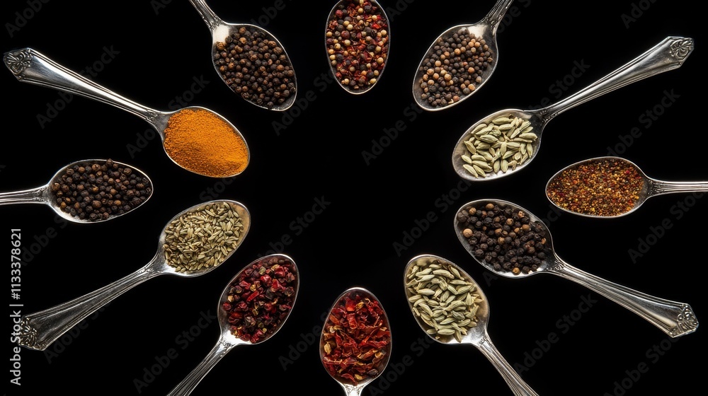 Poster a dazzling variety of spices displayed in silver spoons, artfully arranged in a circular pattern on 