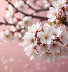 Obraz premium Close-up of white cherry blossoms against soft pink backdrop, vibrant, Sakura