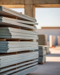 Fototapeta premium Construction site overview featuring stacked drywall sheets symbolizing building progress