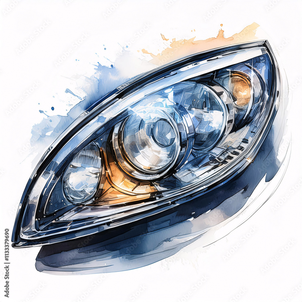Poster a modern car headlight with a complex lens and multiple light sources, rendered in a dynamic style w