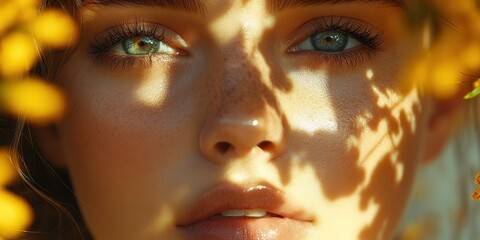 Captivating portrait of a woman framed by vibrant orange flowers showcasing her striking blue eyes and sunlit features in a natural setting during golden hour