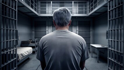 Fototapeta premium A man with grey hair wearing a t-shirt, sitting in a prison cell