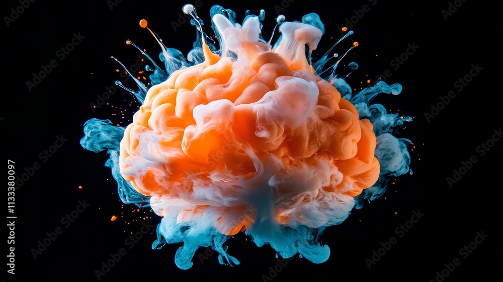 Poster a dynamic and artistic splash of orange and blue ink suspended in water, creating a vivid, mesmerizi
