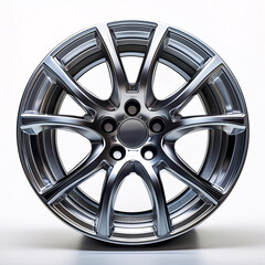 Obraz premium A gleaming chrome alloy wheel with a multi-spoke design, reflecting light on a white background