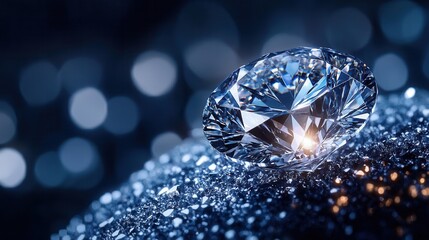 Fototapeta premium Sparkling diamond resting on a bed of shimmering stones with a blurred blue background creating an elegant atmosphere in the soft light