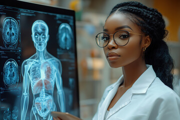 Doctor using digital tablet and checking patient test results standing near big screen with virtual human body